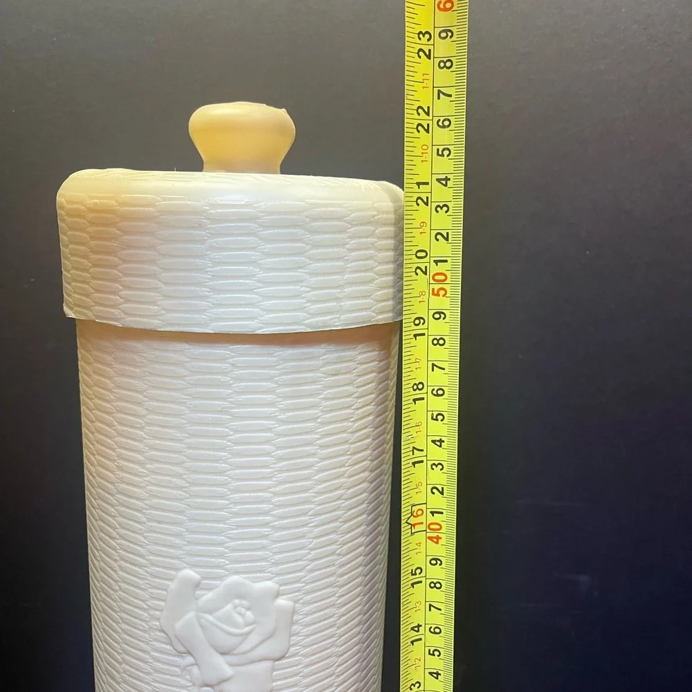 Vintage Tall Plastic Paper Holder Canister w Lid Roses 60’s-70’s